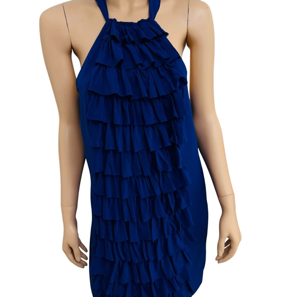 Va Et Vien 100% Silk Ruffle Halter Dress Women Size 8 Blue Cocktail Party Resort - Picture 6 of 11